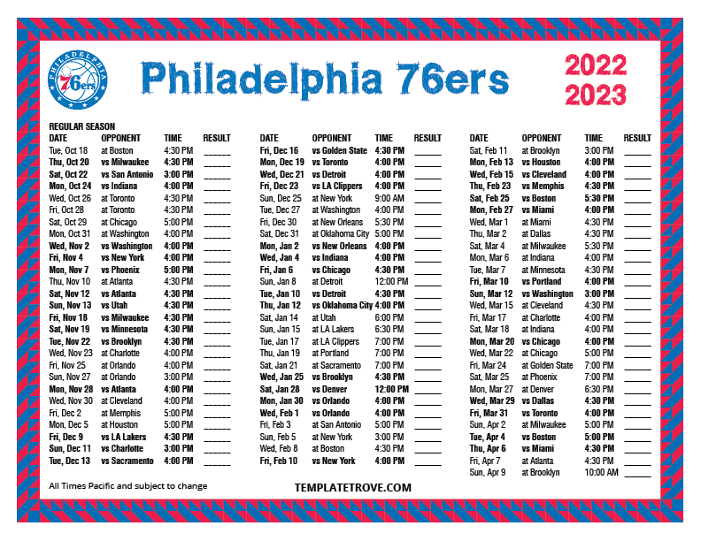 2022 2023 Printable Philadelphia 76ers Schedule Pacific Times 