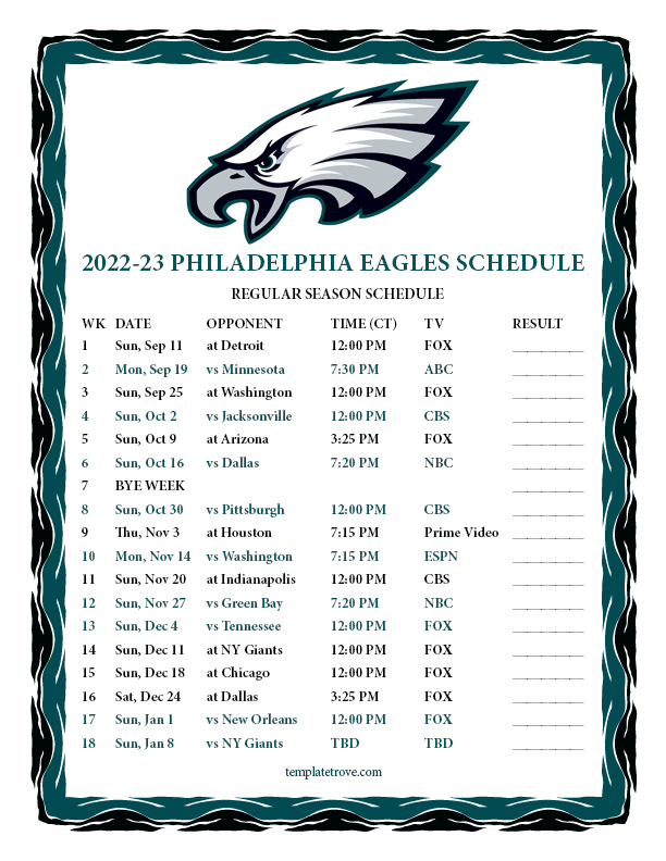 Printable 2022 2023 Philadelphia Eagles Schedule Printable 2022 2023 Philadelphia Eagles Schedule