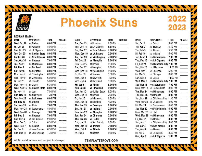 Printable 20222023 Phoenix Suns Schedule