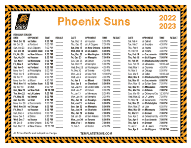 Phoenix Suns 2022-23 Printable Schedule - Pacific Times
