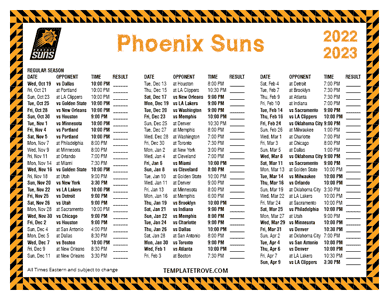 Phoenix Suns 2022-23 Printable Schedule