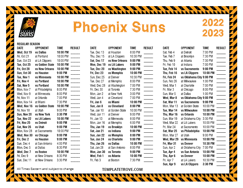 Printable 20222023 Phoenix Suns Schedule