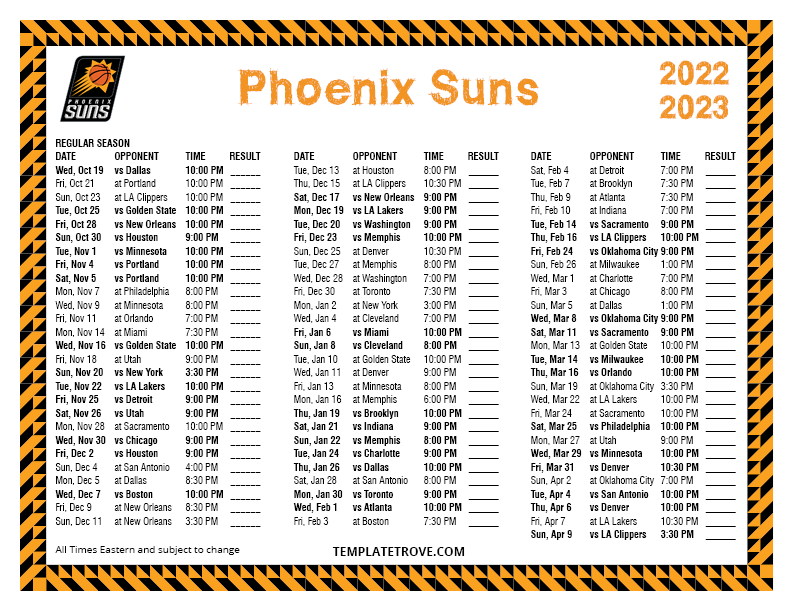 Printable 2022 2023 Phoenix Suns Schedule