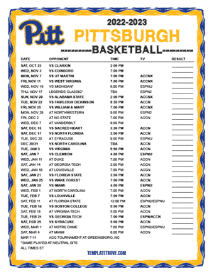 Pittsburgh Panthers Basketball 2022-23 Printable Schedule