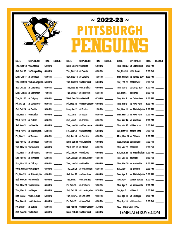Printable 2022-2023 Pittsburgh Penguins Schedule