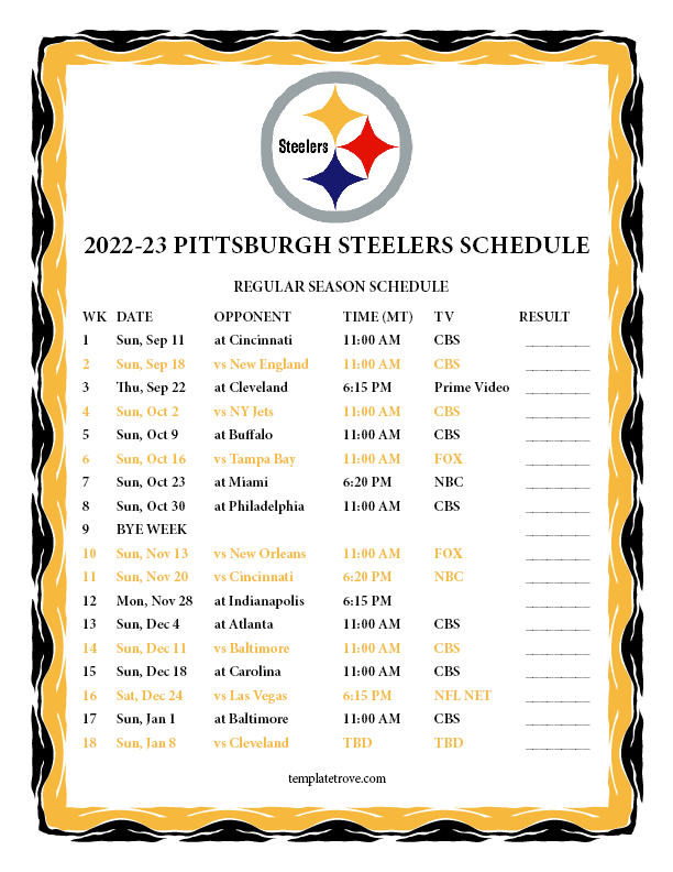2022 2023 Printable Pittsburgh Steelers Schedule MT PNG 