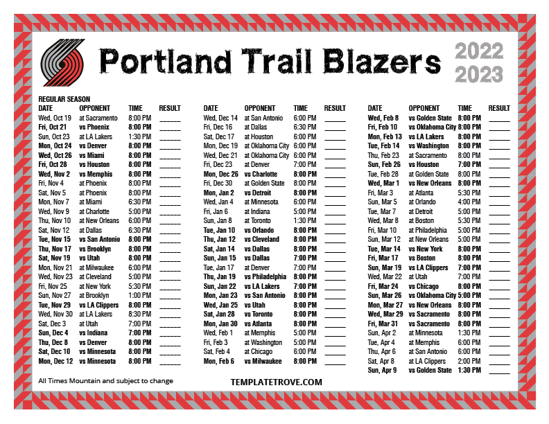 Printable 20222023 Portland Trail Blazers Schedule