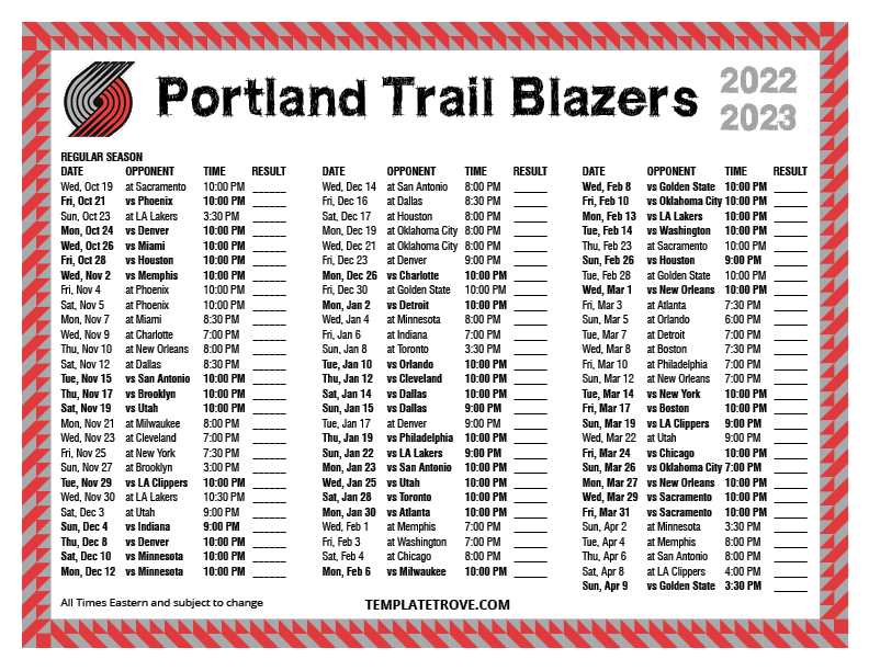 Printable 2022 2023 Portland Trail Blazers Schedule