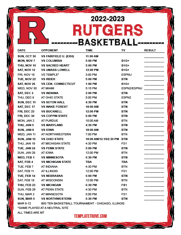 Printable 20222023 Rutgers Scarlet Knights Basketball Schedule