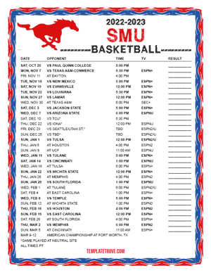 SMU Mustangs Basketball 2022-23 Printable Schedule - Pacific Times