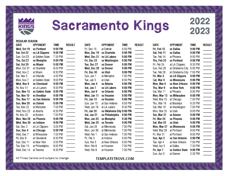 Printable 20222023 Sacramento Kings Schedule