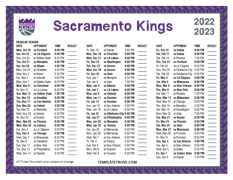 Printable 20222023 Sacramento Kings Schedule