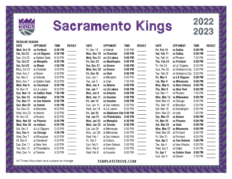 Printable 2022 2023 Sacramento Kings Schedule