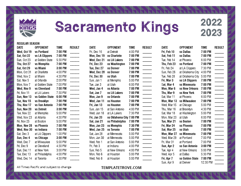 Printable 2022-2023 Sacramento Kings Schedule