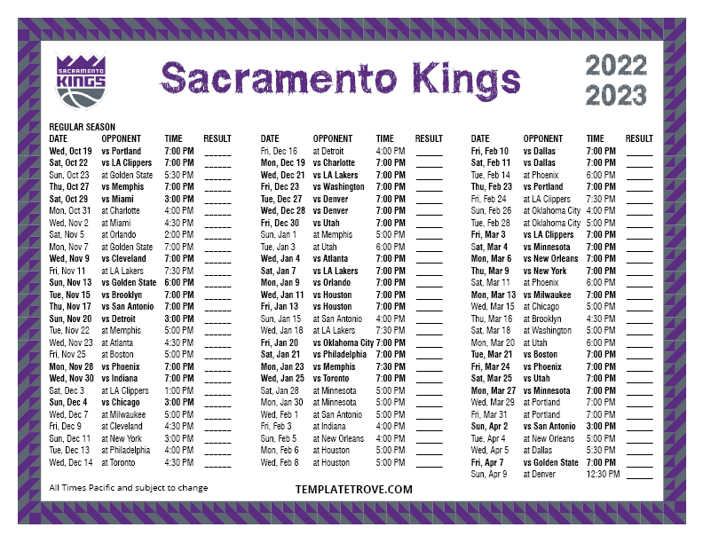 Printable 2022 2023 Sacramento Kings Schedule