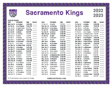 Sacramento Kings 2022-23 Printable Schedule