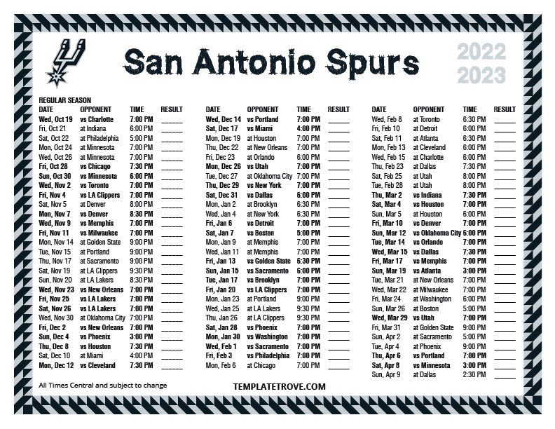 Printable 20222023 San Antonio Spurs Schedule