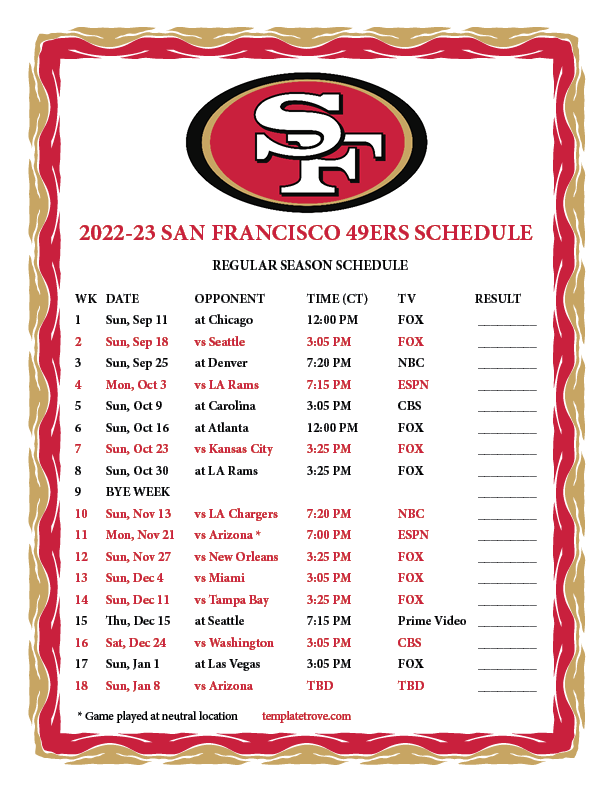 Printable 2022-2023 San Francisco 49ers Schedule