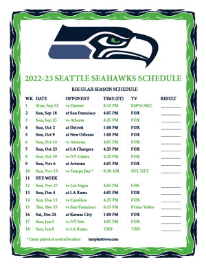 Seattle Seahawks 2022-23 Printable Schedule