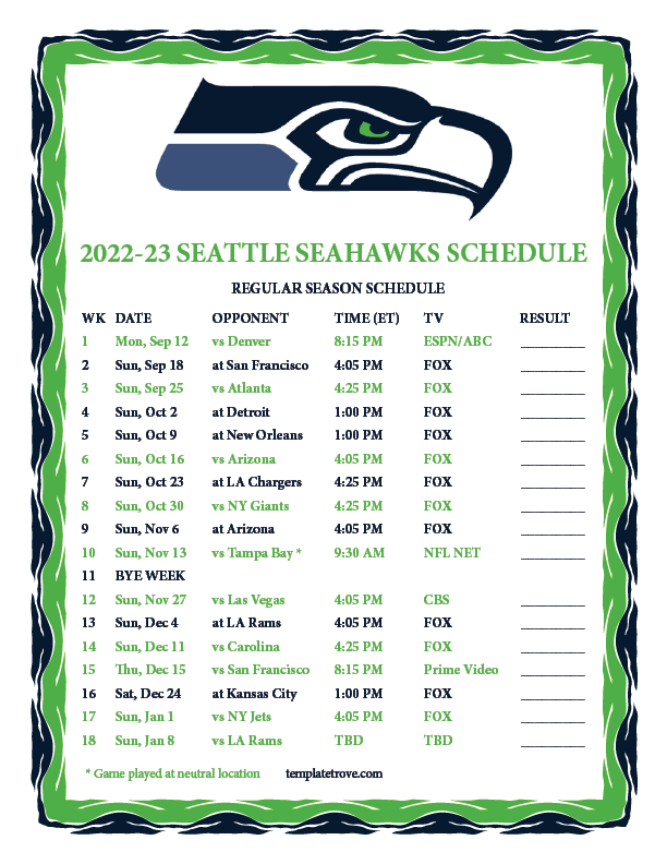 Printable 20222023 Seattle Seahawks Schedule