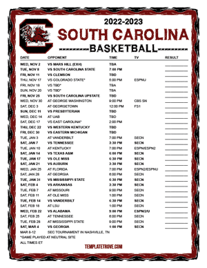 South Carolina Gamecocks Basketball 2022-23 Printable Schedule