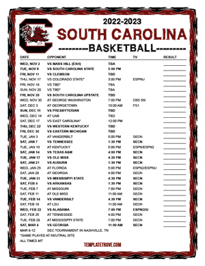 South Carolina Gamecocks Basketball 2022-23 Printable Schedule - Mountain Times