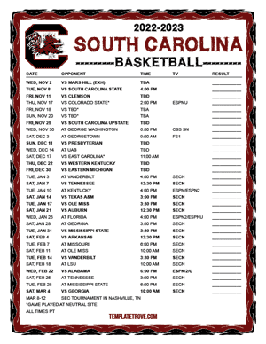 South Carolina Gamecocks Basketball 2022-23 Printable Schedule - Pacific Times