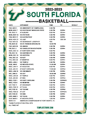 South Florida Bulls Basketball 2022-23 Printable Schedule - Mountain Times