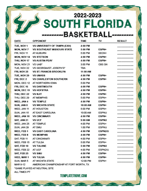 South Florida Bulls Basketball 2022-23 Printable Schedule - Pacific Times