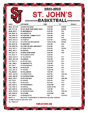 St. John's Red Storm Basketball 2022-23 Printable Schedule