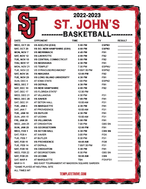 St. John's Red Storm Basketball 2022-23 Printable Schedule - Mountain Times
