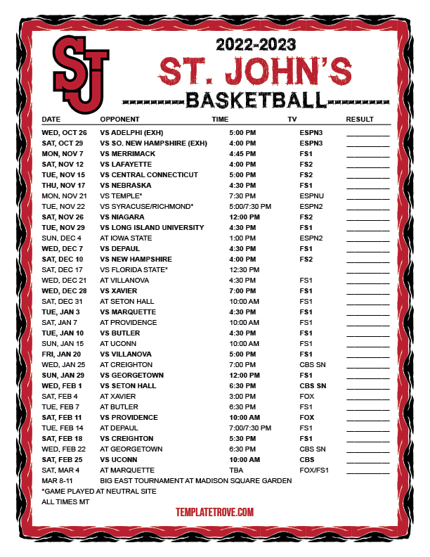 Printable 2022-2023 St. John's Red Storm Basketball Schedule