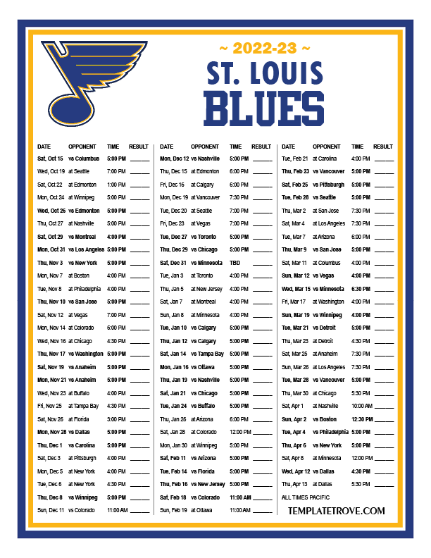 Printable 20222023 St. Louis Blues Schedule