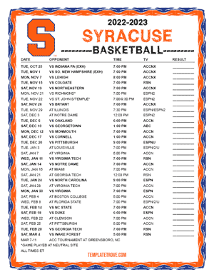 Syracuse Orange Basketball 2022-23 Printable Schedule