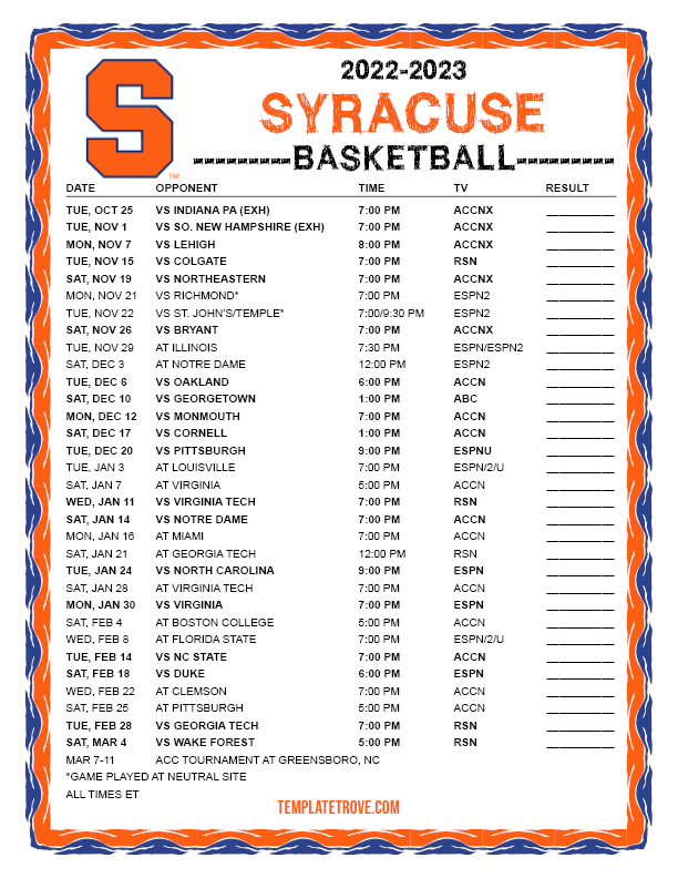 Printable 2022 2023 Syracuse Orange Basketball Schedule