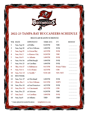 Tampa Bay Buccaneers 2022-23 Printable Schedule