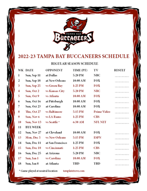 Tampa Bay Buccaneers 2022-23 Printable Schedule - Pacific Times