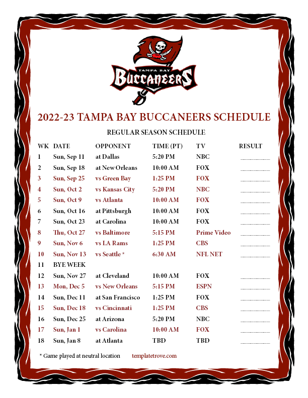 Printable 20222023 Tampa Bay Buccaneers Schedule