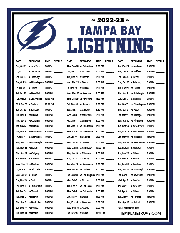 Printable 20222023 Tampa Bay Lightning Schedule