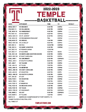 Temple Owls Basketball 2022-23 Printable Schedule - Central Times