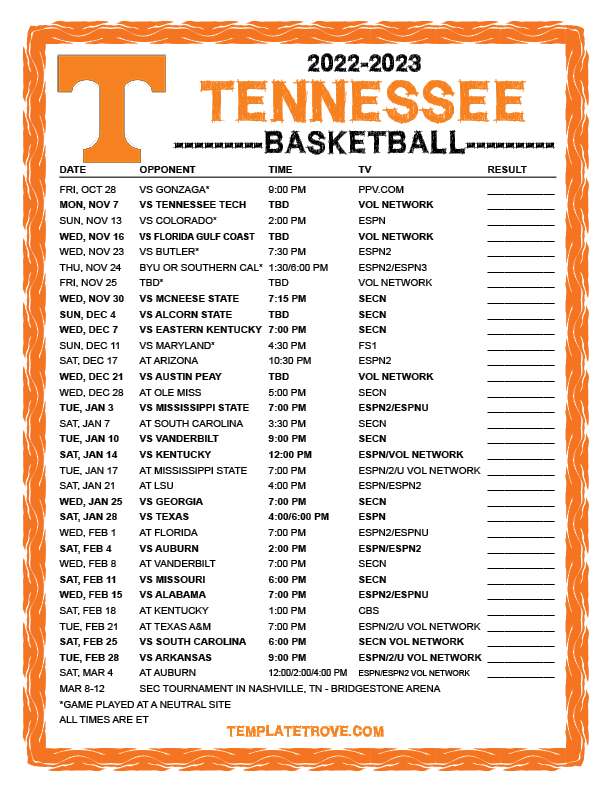2022 2023 Printable Tennessee Volunteers Basketball Schedule Full ET 