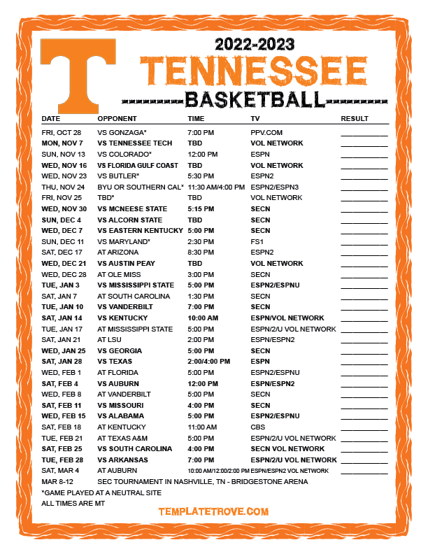 2022 2023 Printable Tennessee Volunteers Basketball Schedule Full MT 