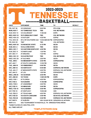 Tennessee Volunteers Basketball 2022-23 Printable Schedule - Pacific Times