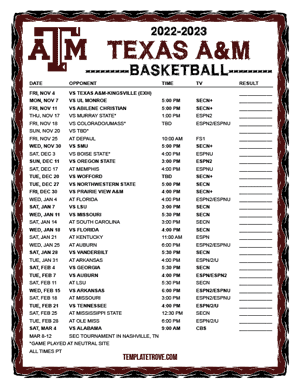 Texas A&M Aggies Basketball 2022-23 Printable Schedule - Pacific Times