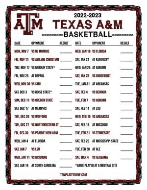 2022-23 Printable Texas A&M Aggies Basketball Schedule