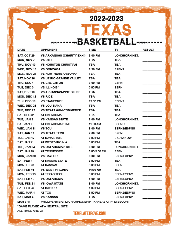 Printable 2022-2023 Texas Longhorns Basketball Schedule