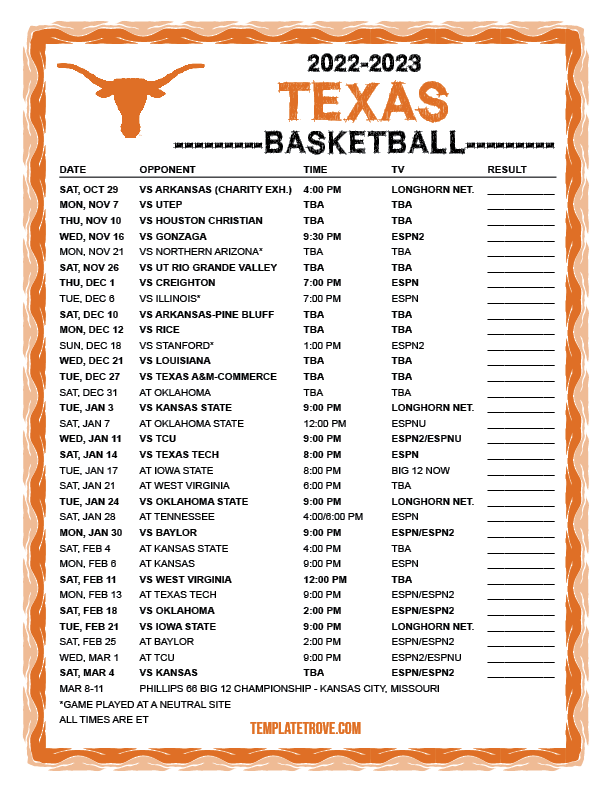 Printable 20222023 Texas Longhorns Basketball Schedule