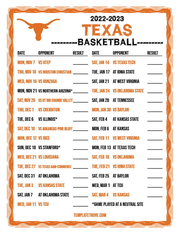 2022 2023 Printable Texas Longhorns Basketball Schedule 