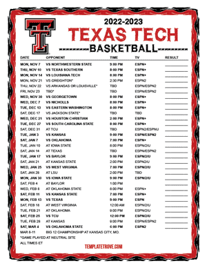 Texas Tech Red Raiders Basketball 2022-23 Printable Schedule