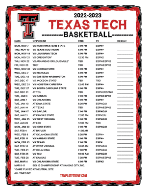 Texas Tech Red Raiders Basketball 2022-23 Printable Schedule - Mountain Times